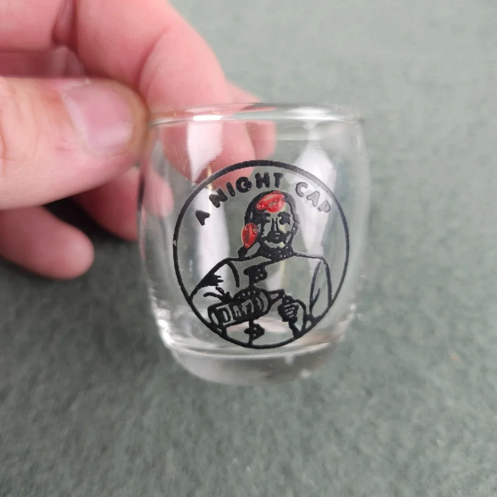 3 Lot Vintage Glass Shot Glass Drinking Cartoon Barware Night Cap‎ Fox Hunt